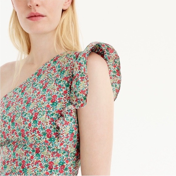 J Crew One Shoulder Dress Floral Print Ruffle Detail Skirt Cotton Size 6 - Picture 8 of 16